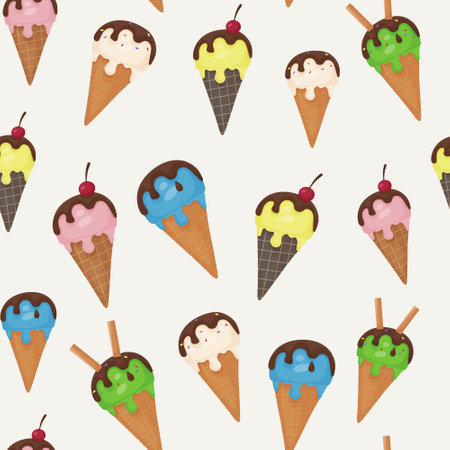 Seamless vector pattern of Ice Cream. Balls of different colors of melting ice cream in a waffle cone. Dark chocolate, straws, cherries, cookies and sweet sprinkles. Favorite delicious dessert.のイラスト素材