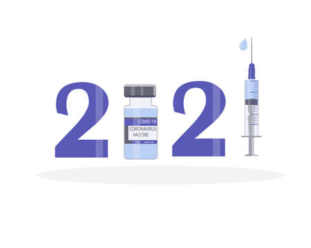 DDesign for the year 2021 with a syringe and a vaccine. A cure for viruses. Coronovirus vaccination. Fighting the epidemic, the end of the pandemic. Vaccine bottle and syringe among numbers.のイラスト素材