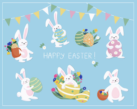 Easter rabbit and painted eggs. Cute happy animal in different poses. Symbols of the celebration of...
