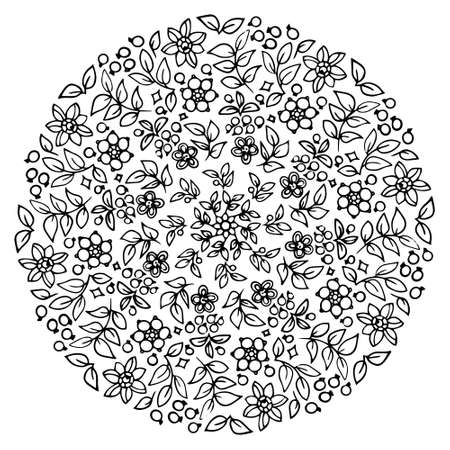 Flowers, leaves and berries in botanical composition. Vector hand drawing, line art. Coloring for adults and children. Mandala. Floral patterns for circular design.のイラスト素材