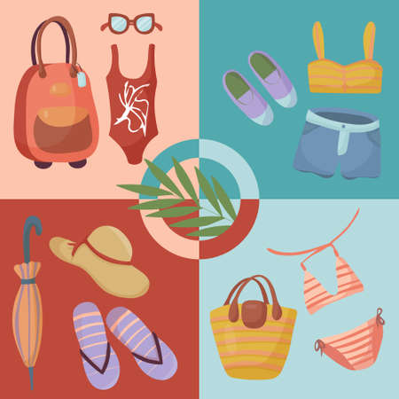 Summer clothing sets. Beach Accessories. Fashionable outfit for tourism. Vector items and things for vacation and travel. Flat design style on four multicolor banners.のイラスト素材