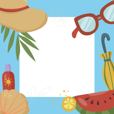 Square frame for with things for summer vacation and fruit. Palm leaves. Vacation and beach party concept. Background vector illustration.のイラスト素材