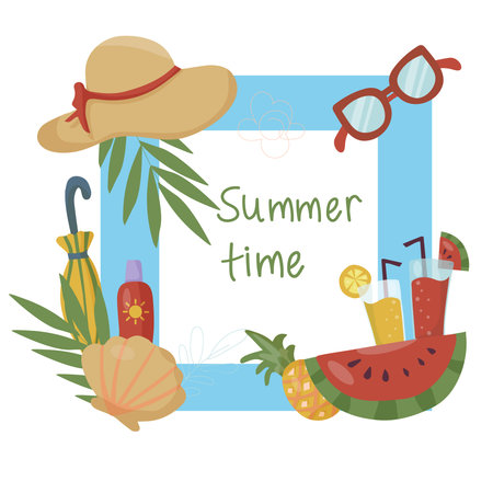 Square frame for with things for summer vacation and fruit. Palm leaves. Vacation and beach party concept. Background vector illustration.のイラスト素材