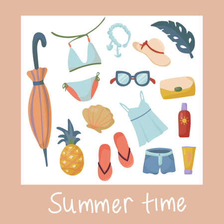 Summer Clothing Set. Beach Accessories. Vector items and things for vacation and travel, planning fashionable outfits and sets. Casual style. Simple flat illustration.のイラスト素材
