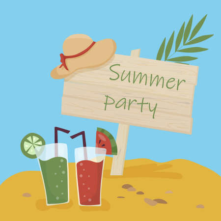 Enjoy summer time. Fruity cocktails at the beach party. Wooden shield and background for lettering and announcements. Palm leaves. Vacation and beach party concept. Flat vector.のイラスト素材