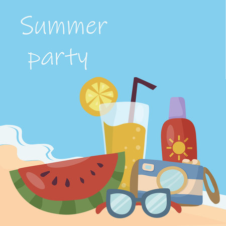 Enjoy the summer time. Holiday items and accessories. Cocktail, watermelon, cream, sun glasses lying...