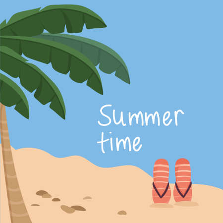 Enjoy the summer time. The beach and a palm tree with big leaves. Pink women's flip flops standing upright in the sand. vector flat illustration of tourism and travel.のイラスト素材