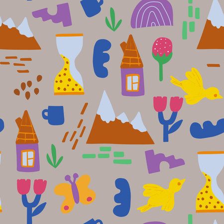 Seamless pattern of abstract minimalist elements. Simple shapes, nature, house, objects, birds. Design elements are hand-drawn, stylized as a child's drawing. Vector.のイラスト素材