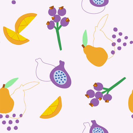Abstract seamless drawing. Hand-drawn fruit in a simple shape. Grapes, yellow pear, orange slices and figs. Illustration as a children's drawing and line art. vector.のイラスト素材