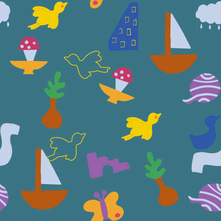 Seamless pattern of abstract minimalist elements. Simple shapes, nature, house, objects, birds. Design elements are hand-drawn, stylized as a child's drawing. Vector.のイラスト素材
