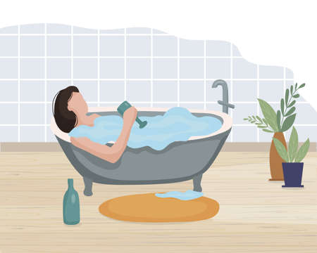 Woman relaxing in the bathroom with a glass of wine. Relaxing after a day of work. Vector flat illustration.のイラスト素材