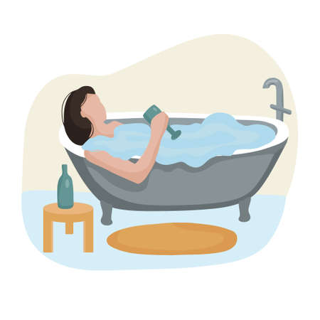Woman relaxing in the bathroom with a glass of wine. Relaxing after a day of work. Vector flat illustration.のイラスト素材