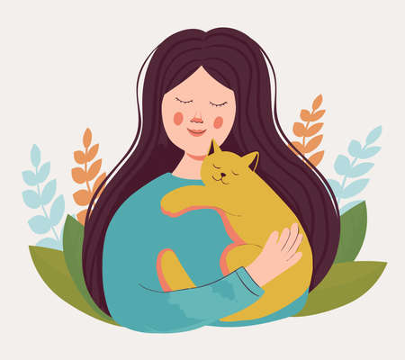Cute girl holding a cat in her arms. Portrait of a happy owner with his beloved pet. kindness and love for animals. vector flat. on the background of natural elements, grass and leaves.のイラスト素材