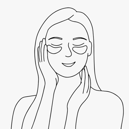 A woman makes a cosmetic treatment at home. Moisturizing patches under the eyes. Skin care concept, SPA facials. Morning routine. Healthy lifestyle, keep your skin healthy and youthful. Line Art.のイラスト素材