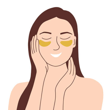A woman makes a cosmetic treatment at home. Moisturizing patches under the eyes. Skin care concept, SPA facials. Morning routine. Healthy lifestyle, keep your skin healthy and youthful. flat vector.のイラスト素材