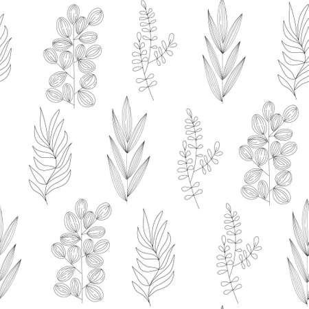 Seamless pattern of different types of field grasses and branches. Plant ornament from elements line art. Concept of ecology, environment, nature conservation.のイラスト素材