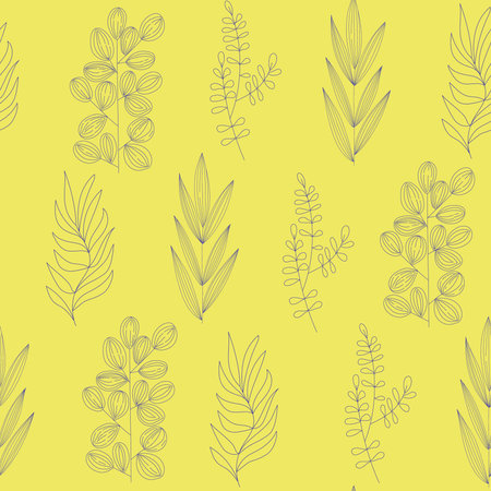 Seamless pattern of different types of field grasses and branches. Plant ornament from elements line art. Concept of ecology, environment, nature conservation. For paper, covers, fabrics. Vector.のイラスト素材