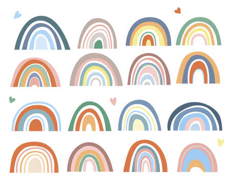 Rainbow collection in boho style, pastel colors. Abstract hand-drawn prints. Minimalist Scandinavian rainbow of colorful simple lines. Romantic design. Vector illustration.のイラスト素材