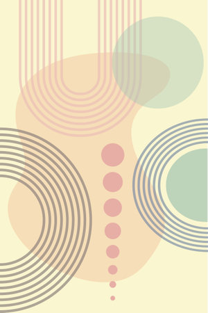Abstract background with geometric shapes and lines. Rainbow print and sun circle, boho style. Modern minimalist print in pastel colors. Concept of balance, harmony and equilibrium. Vector.のイラスト素材