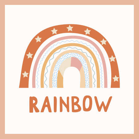 A boho style rainbow with decorative elements. Hand drawn lettering. Minimalist abstract Scandinavian design in pastel colors. Vector illustration for greeting cards, invitations, clothing print.のイラスト素材