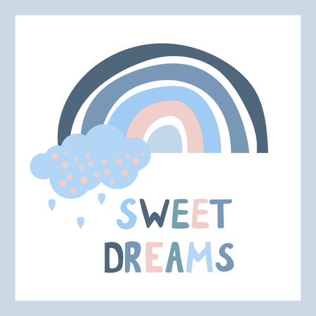 A boho style rainbow with decorative elements. Hand drawn lettering. Minimalist abstract Scandinavian design in pastel colors. Vector illustration for greeting cards, invitations, clothing print.のイラスト素材