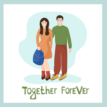 A couple in love. Man hugs woman, a manifestation of feelings. Meeting of friends. Vector characters. Inscription together forever.のイラスト素材