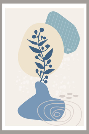 Template with abstract composition of simple shapes and natural botanical elements. Collage style, minimalism. Pastel earthy colors. Vector banners for postcards and covers for social networks.のイラスト素材