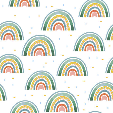 Seamless pattern. Hand drawn rainbow pattern in boho style. Abstract minimalist elements. Scandinavian design in pastel colors. Vector background for fabric, packaging, textiles, wallpaper, clothes.のイラスト素材