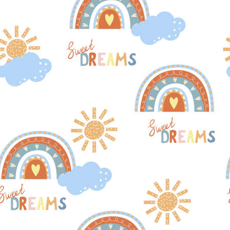 Seamless pattern. Hand drawn rainbow pattern in boho style. Abstract minimalist elements. Scandinavian design in pastel colors. Vector background for fabric, packaging, textiles, wallpaper, clothes.のイラスト素材