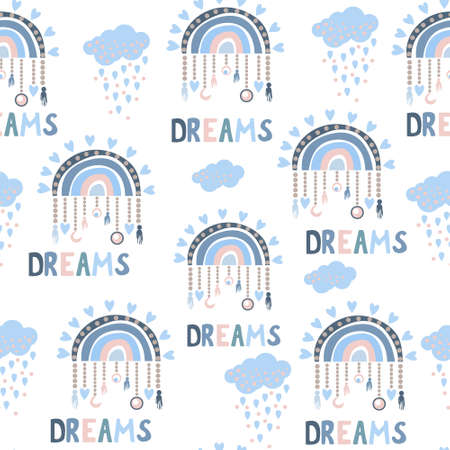 Seamless pattern. Hand drawn rainbow pattern in boho style. Abstract minimalist elements. Scandinavian design in pastel colors. Vector background for fabric, packaging, textiles, wallpaper, clothes.のイラスト素材