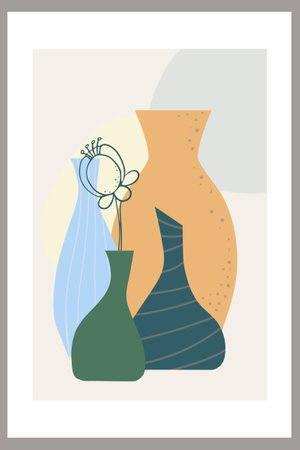 Template with abstract composition of simple shapes. tropical palm leaves in a vase. Collage style, minimalism. Pastel earthy colors. Vector banners for postcards and covers for social networks.のイラスト素材