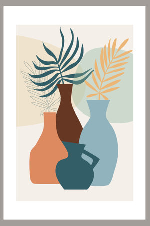 Template with abstract composition of simple shapes. tropical palm leaves in a vase. Collage style, minimalism. Pastel earthy colors. Vector banners for postcards and covers for social networks.のイラスト素材