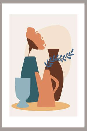 Template with abstract composition of simple shapes. tropical palm leaves in a vase. Collage style, minimalism. Pastel earthy colors. Vector banners for postcards and covers for social networks.のイラスト素材