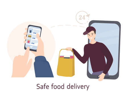 The concept of safe home delivery. The courier holds the package with the goods, hands the customer a fast food. Online store of goods, ordering over the Internet and delivery to the door of the home.のイラスト素材
