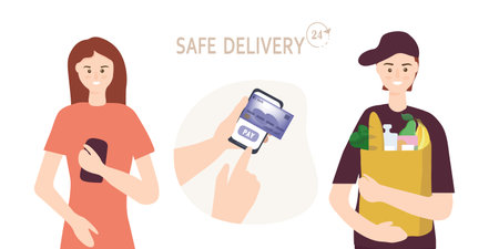 Ordering food through the online store. Payment by credit card. Selection of goods in the supermarket. Secure home delivery concept. Flat vector illustrationのイラスト素材