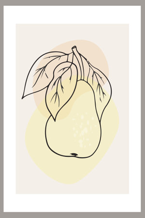 Pears on a branch with leaves. Template with abstract composition, linear fruit art. Minimalism, Pastel earthy colors. Vector banners for postcards, wall art and social media covers.のイラスト素材
