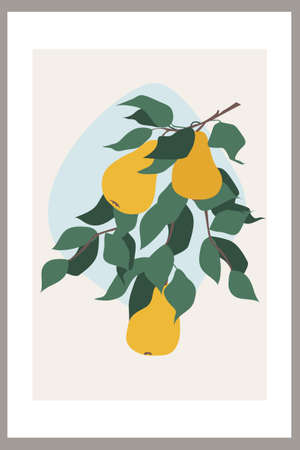 Pears on a branch with leaves. Template with abstract composition of simple shapes and fruits. Minimalism, Pastel earthy colors. Vector banners for postcards, wall art and social media covers.のイラスト素材