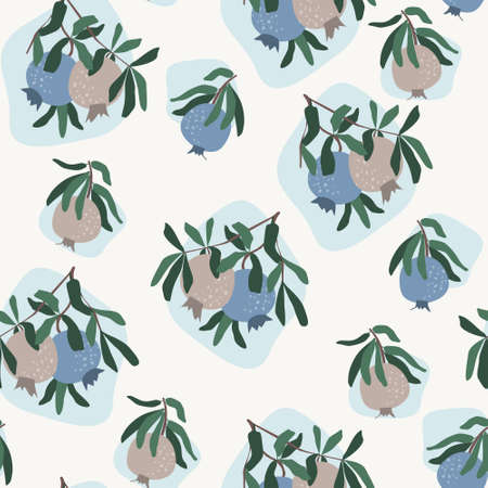 Seamless vector pattern. Stylized pomegranates on a branch with leaves. Simple abstract shapes. Fruit elements. Pastel earthy colors. Vector background for cover, print for clothes, textiles.のイラスト素材