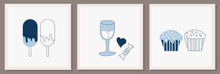 Abstract collection of art wall art templates. Compositions of doodle elements of various natural elements, graphic forms and home use items. Minimalism for young teenagers. Prints for posters.Vector.のイラスト素材