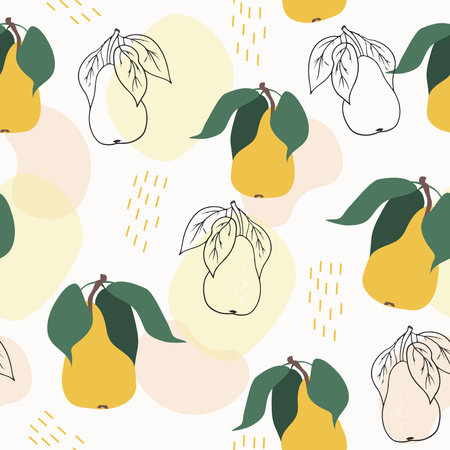 Seamless vector pattern. Stylized yellow pears with leaves. Simple abstract shapes. Fruit elements....