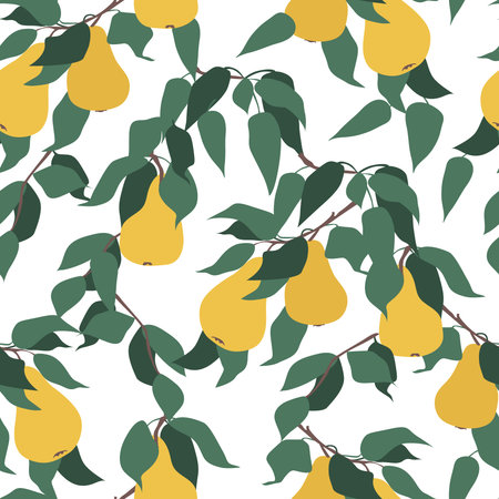 Seamless vector pattern. Fruits of a yellow ripe pear on a branch with leaves. Simple abstract shapes, minimalism. Fruit harvest. Vector background for cover, print for clothes, textiles.のイラスト素材