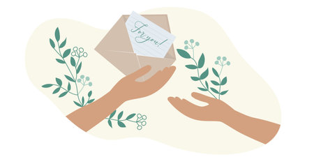 Hands holding a kraft paper envelope with a letter. Sending and receiving a letter. Inside blank card, letter paper. against botanical elements of branches with leaves. Vector illustration.のイラスト素材