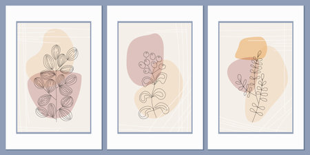 Linear drawing of a plant. Contour field grass on the background of abstract geometric shapes and...