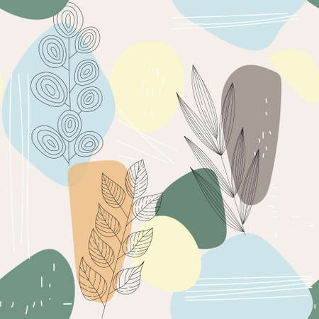 Seamless pattern with an abstract composition of simple shapes and lines. botanical elements of field grass and branches with leaves. Line art minimalism. Pastel earthy colors. Vector background.のイラスト素材