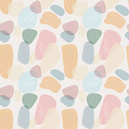 Seamless pattern with an abstract composition of simple shapes and lines. Collage style, minimalism. Colored stones. Pastel earthy colors. Vector background for cover, print for clothes, textiles.のイラスト素材