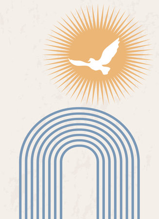 Abstract poster with geometric shapes and lines. Rainbow print and sun with bird, boho style. Modern minimalist print with arch in pastel colors. Concept of balance, harmony and equilibrium. Vector.のイラスト素材