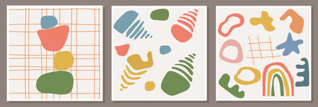 Set of seamless patterns with abstract compositions. Hand drawn simple doodle shapes and natural...