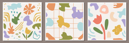 Set of seamless patterns with abstract compositions. Hand drawn simple doodle shapes and natural...
