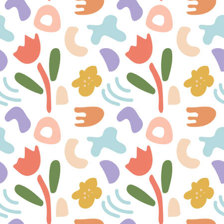 Seamless abstract pattern of simple organic shapes and lines. Natural botanical elements, pastel colors. Modern trendy vector background for textile design, fabric, paper, social marketing.のイラスト素材