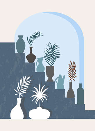 Modern abstract composition. Minimalist boho style poster. Mystic arched window. Ceramic vases and jugs, palm leaves. blue colors. Wall print for home decor. vector.のイラスト素材